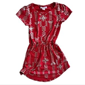 Lularoe Mae red and silver curved hem cinched waist capped sleeve dress,…